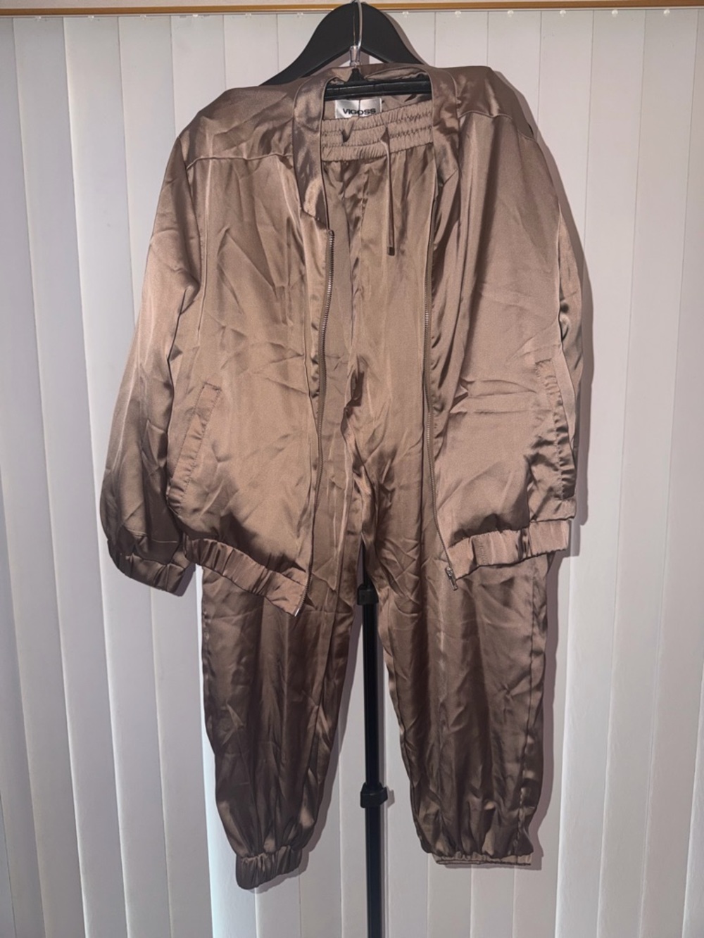 Satin Bomber Jacket and Jogger Set - Taupe